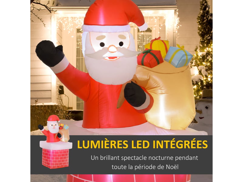  Père noël gonflable décoration de noël extérieur avec lumières led sac de cadeau et la cheminée 130 x 82 x 195 cm rouge  - Conforama D