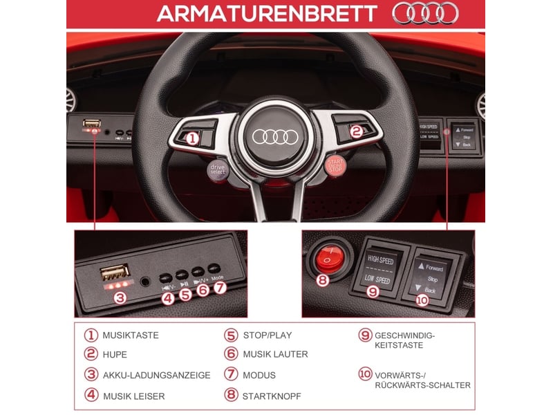  Voiture électrique enfant audi 12v 102x60x44 cm avec télécommande 2,4 g rouge  - Conforama D