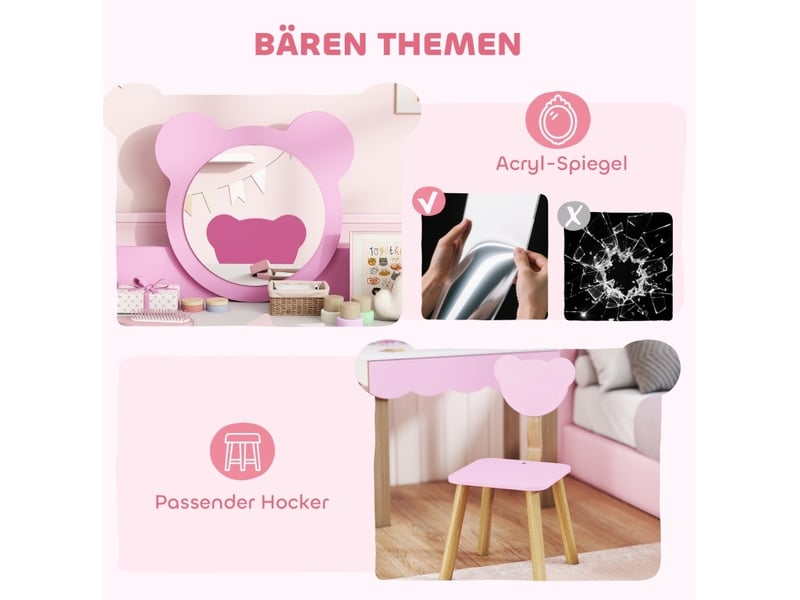  Coiffeuse enfant avec tabouret 68 x 35 x 86 cm – rose – miroir acrylique et rangement  - Conforama E