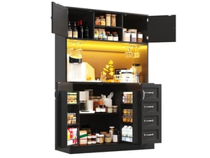 Buffet haut de cuisine noir 120x40x188 cm, meuble de rangement avec led, étagère en-cas, porte-gobelets, 4 portes 2 tiroirs