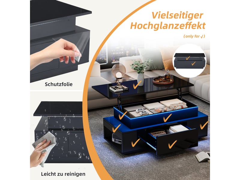  Table basse relevable avec led, tiroir et rangement pour salon 96×45×40 cm en panneaux de particules noirs  - Conforama C