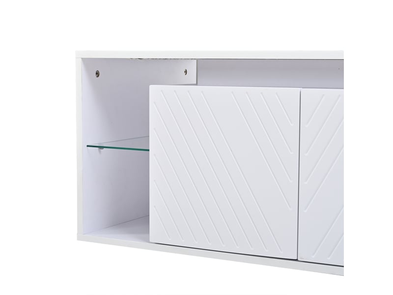  Table basse 100x50x41 cm blanche avec led, 2 portes à motif diagonal et rangement semi-ouvert Fay Lum - Conforama E