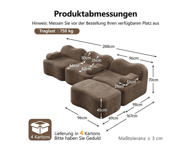  Canapé modulaire en l 288x167x70 cm 3 places, sans cadre, dossier ondulé brun, mousse 32d, avec pouf, velours  - Conforama C