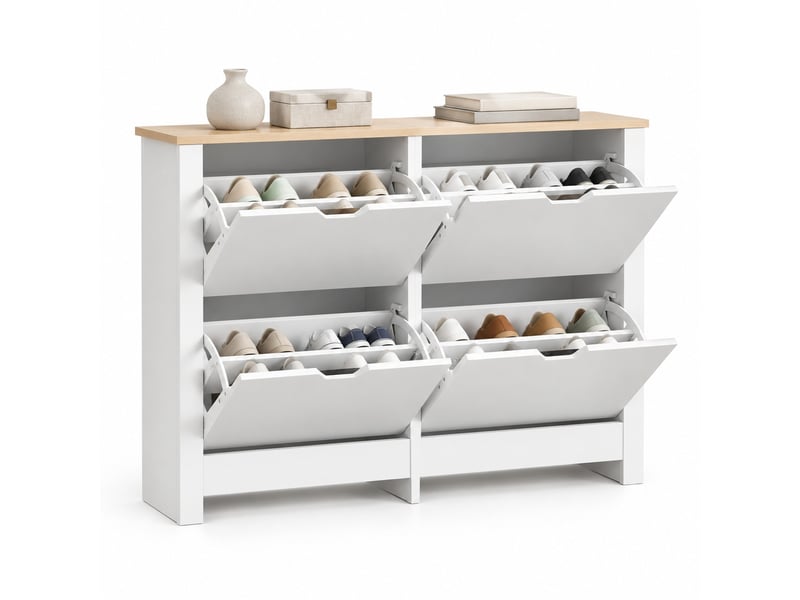  Meuble à chaussures étroit à 4 abattants, 105 x 26 x 80 cm, blanc et naturel  - Conforama A
