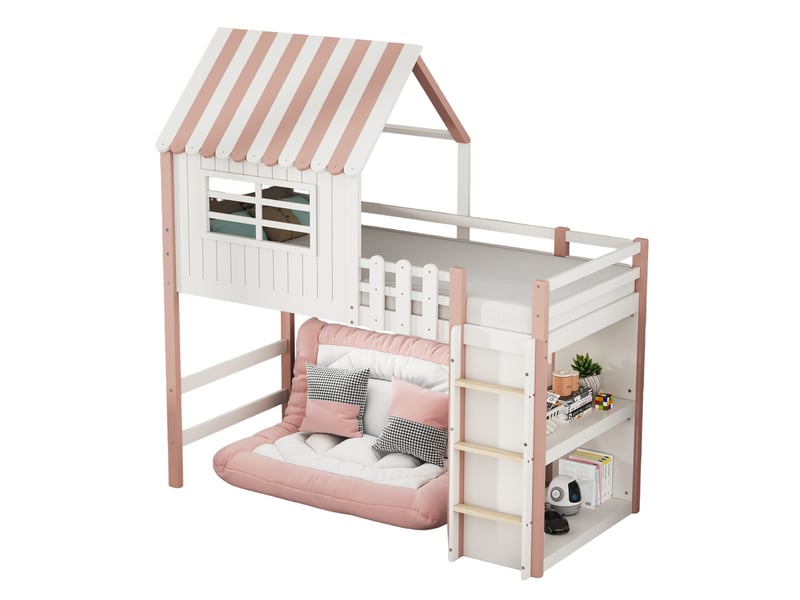  Lit mezzanine 90x200 cm – lit enfant cabane avec échelle de sécurité et espaces de rangement, sans matelas, rose  - Conforama A