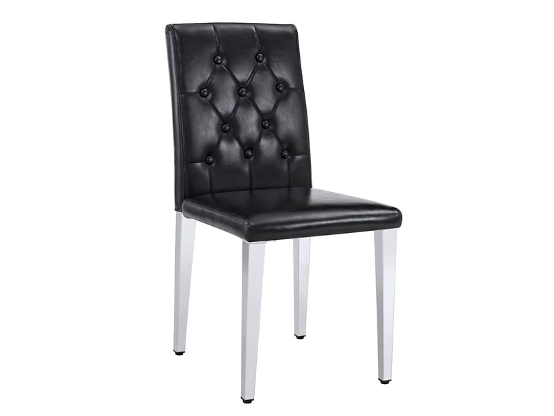  Lot de 4 chaises de salle à manger en simili cuir noir avec pieds en métal argenté brillant, dossier capitonné  - Conforama A