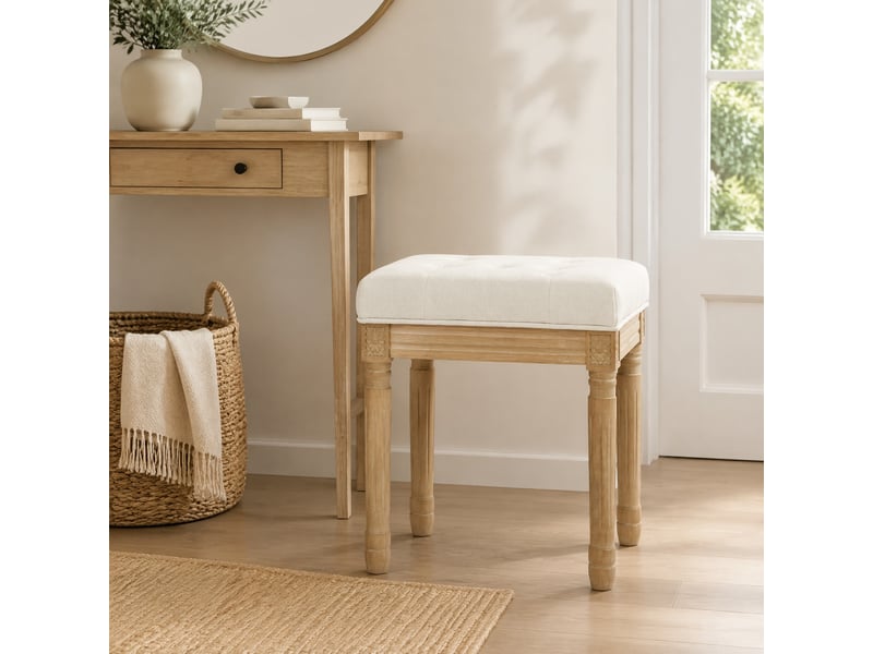  Hocker en lin, banc rembourré, repose-pieds en bois, 42 x 32 x 46,5 cm, beige  - Conforama C