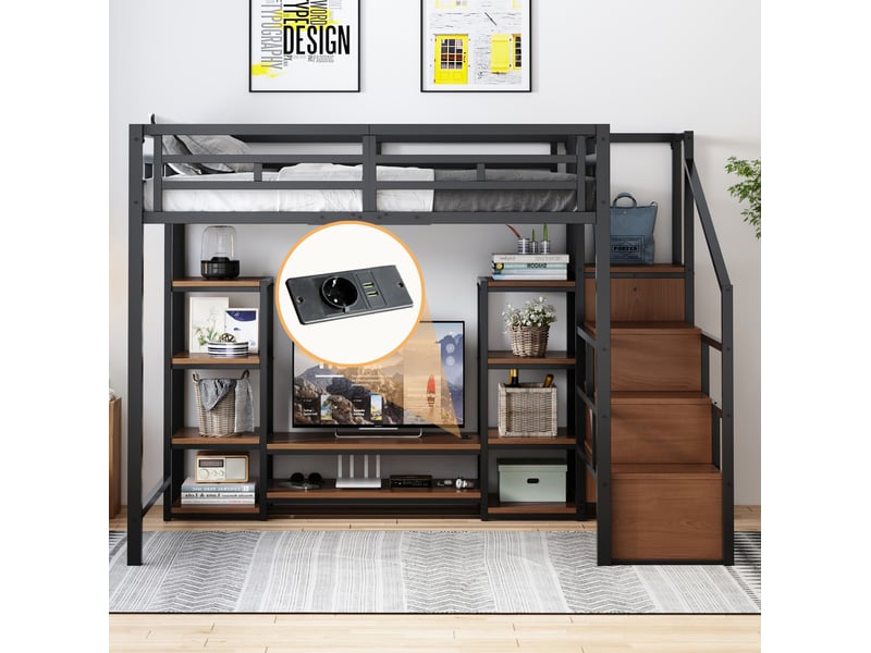  Lit mezzanine 140x200 cm noir en métal avec support tv, prise et escalier de rangement, sans matelas  - Conforama E