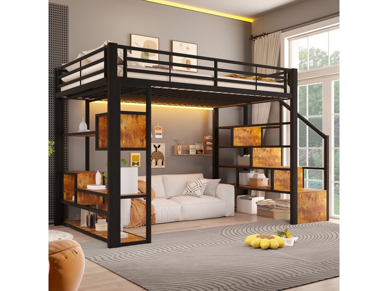  Lit mezzanine 140x200 cm, lit enfant, rangement, échelle sécurisée, barrière antichute, led, bois et métal noir  - Conforama C