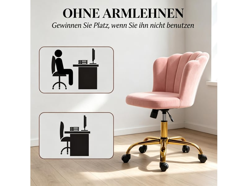  Chaise de bureau pivotante à hauteur réglable avec dossier en pétales et roulettes, en velours et acier rose  - Conforama E