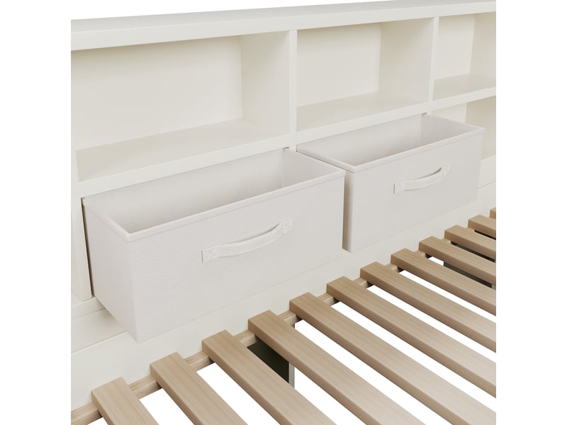  Lit gigogne 90x190 cm avec second couchage, étagères, 2 tiroirs et usb type-c, bois blanc C-DEGAYUN - Conforama D