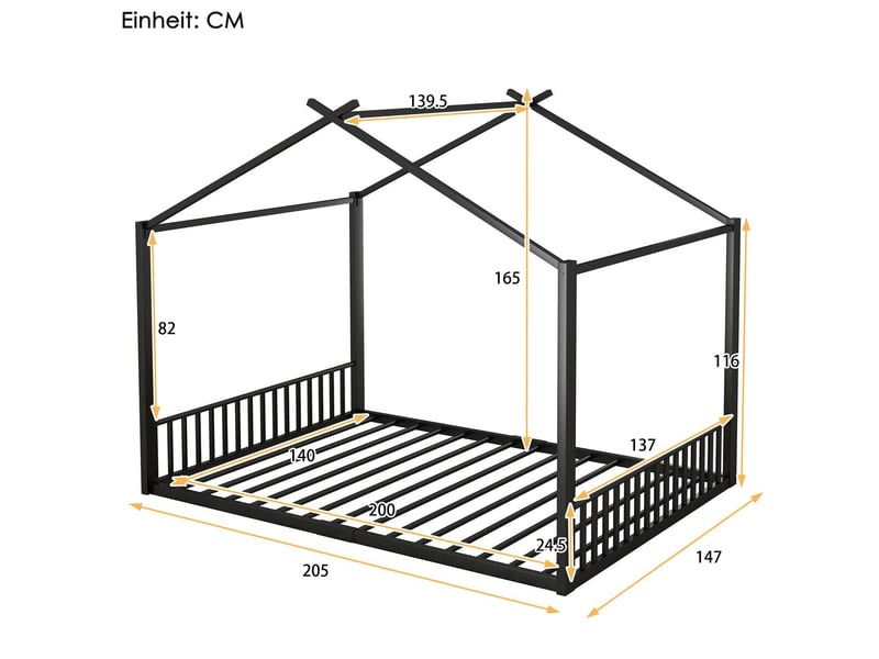  Lit cabane enfant 140x200 - cadre en métal noir robuste - lit enfant - design maison au sol, barrières de sécurité, montage facile  - Conforama C