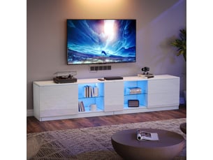 Meuble tv 160 cm blanc laqué avec led, support pour téléviseur 65 pouces, 2 tiroirs et 1 porte