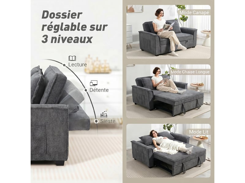  Canapé convertible 2 places, canapé-lit clic-clac en chenille, dossier réglable, 2 coussins, gris, poche latérale  - Conforama E