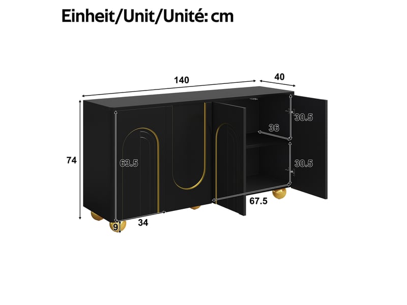  Buffet 4 portes 140x40x74 cm avec décor arche doré, mdf et panneaux de particules noir  - Conforama E