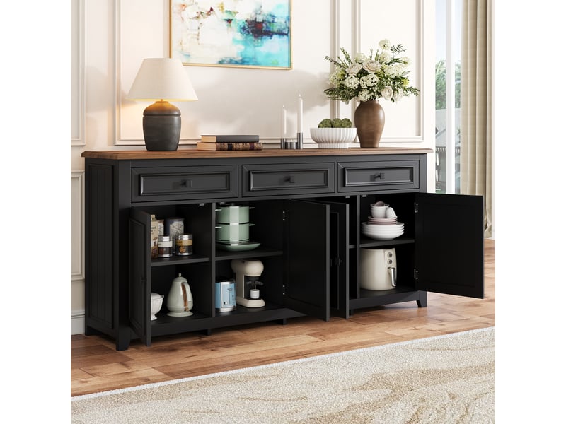  Buffet avec 4 portes, 3 tiroirs et étagères réglables pour salon en mdf 160×35×76 cm noir  - Conforama C