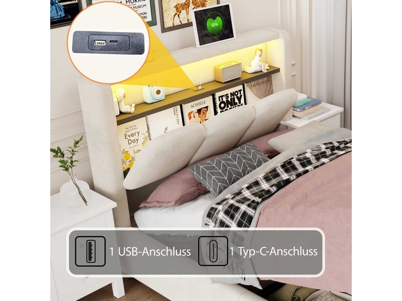 Lit coffre 90x200 cm enfant rembourré, rangement hydraulique, tête de lit avec led usb-c et rangement, velours beige motif pétales - Conforama E