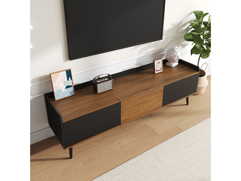  Meuble tv noir et bois 160 cm, meuble tv 3 portes avec bords surélevés et pieds en bois massif pour salon  - Conforama D