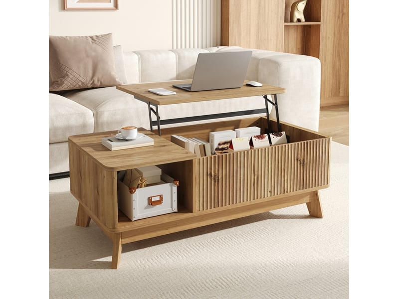  Table basse 95x48x50 cm à plateau relevable, rangement et niche ouverte en mdf coloris naturel  - Conforama B