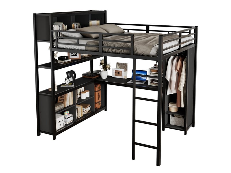  Lit mezzanine fer noir bois 140x200cm avec bureau rangement armoire étagère  - Conforama E