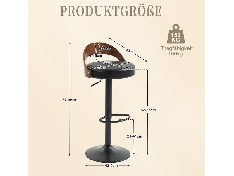  Lot de 2 tabourets de bar pivotants 360° avec dossier, hauteur réglable et repose-pieds, en pu noir  - Conforama D