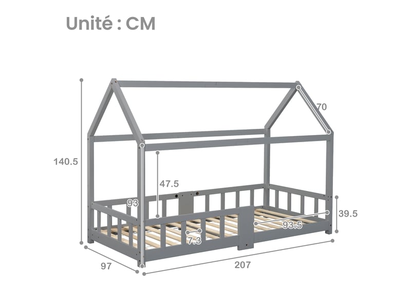  Lit cabane en pin massif, lit simple avec barrières, tableau et 15 lattes, 90 x 200 cm, sans matelas, gris  - Conforama D
