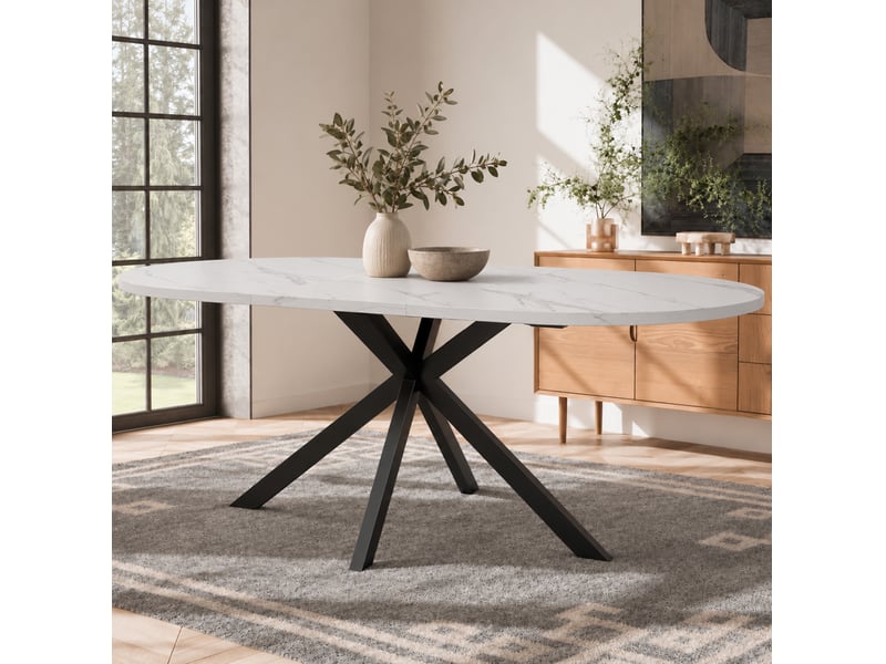  Table à manger extensible 120160x80x75,5 cm, style minimaliste, ovale mdf, pieds métal, aspect marbre blanc  - Conforama D