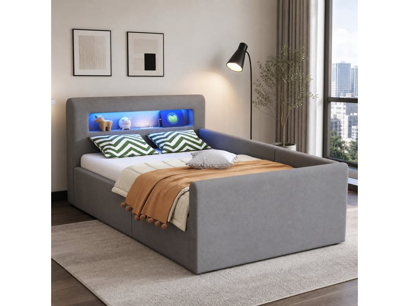  Lit enfant 90x200 cm avec éclairage led et rangement hydraulique en velours gris  - Conforama C