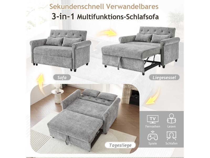  Canapé convertible 2 places gris, canapé multifonction 3 en 1 en tissu chenille avec dossier inclinable et lit d'appoint, 120x80x82cm  - Conforama E
