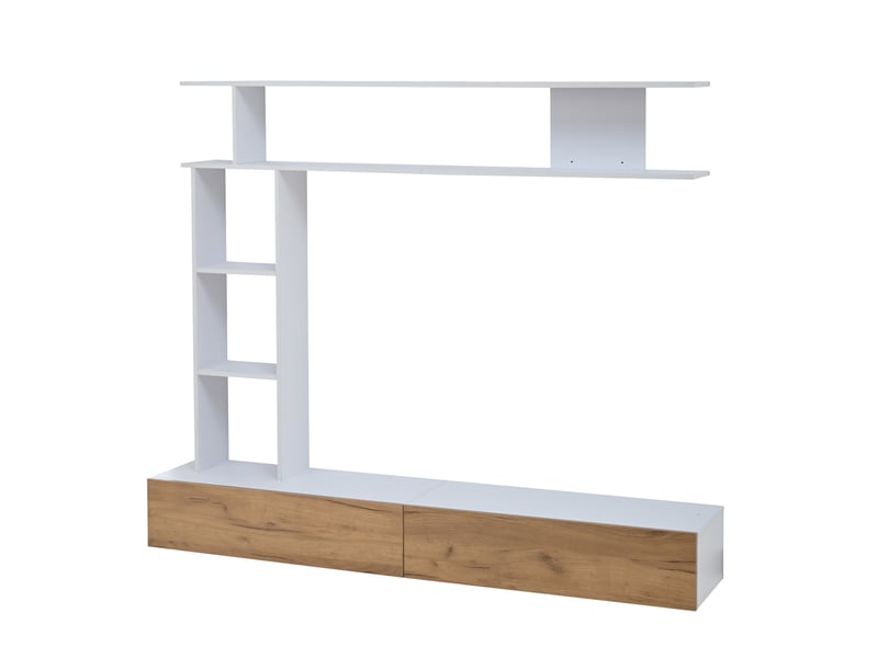  Meuble tv blanc effet bois 180x35x22,5 cm avec rangements muraux et étagère – support écran jusqu’à 80 pouces  - Conforama A
