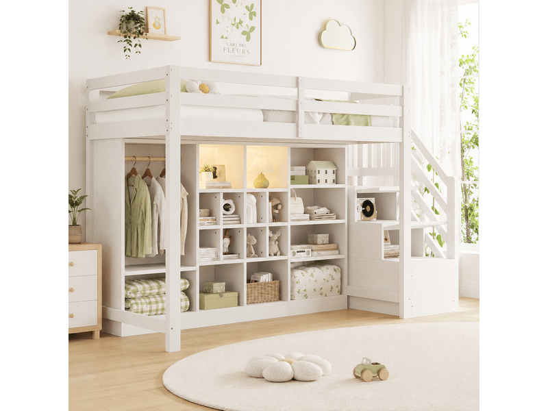  Lit mezzanine 90 x 200 cm en bois avec placard, bureau, échelle rangement et led, blanc  - Conforama D