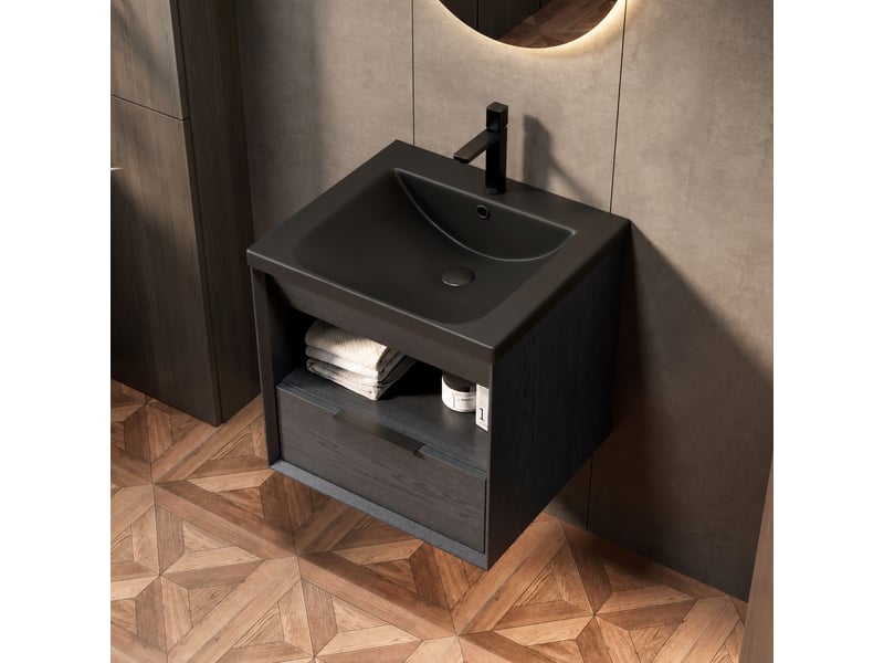  Meuble vasque suspendu de 51 cm avec vasque intégrée en céramique, tiroir et étagère, noir  - Conforama D