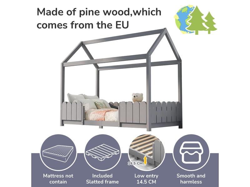 Lit cabane enfant 90x200 cm, garde-corps et sommier, design minimaliste, bois gris, sans matelas - Conforama R