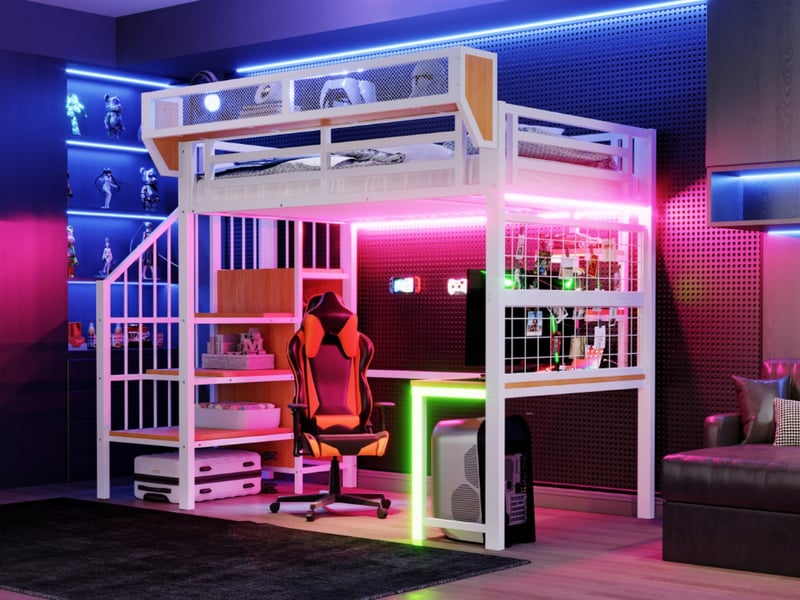 Lit mezzanine en métal 90 × 200 cm, avec bureau, étagère et éclairage led, blanc  - Conforama B