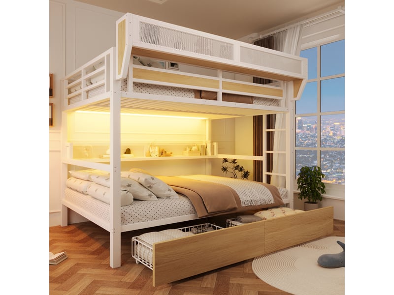 Lit superposé 140 x 200 cm en métal blanc avec 2 tiroirs, étagère, panier de rangement et éclairage led intégré  - Conforama B