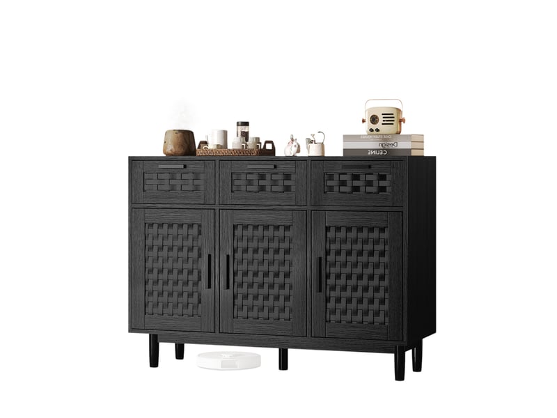  Commode 3 tiroirs et 3 porte, meuble de rangement avec conception anti-basculement et cadre en bois, commode en rotin buffet, 115x40x80 cm, noir  - Conforama A