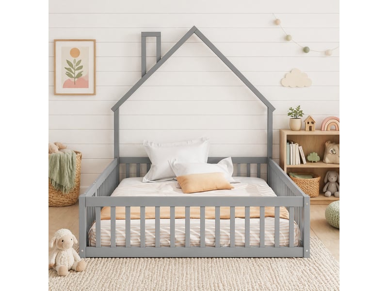 Lit cabane enfant 140x190 cm avec barrières et sommier à lattes gris  - Conforama C