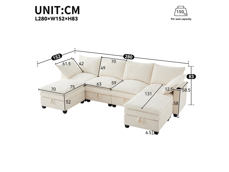  Canapé d’angle modulable 56 places en lu avec rangement, 2 poufs amovibles, usb, porte-gobelets, tissu côtelé - beige  - Conforama D