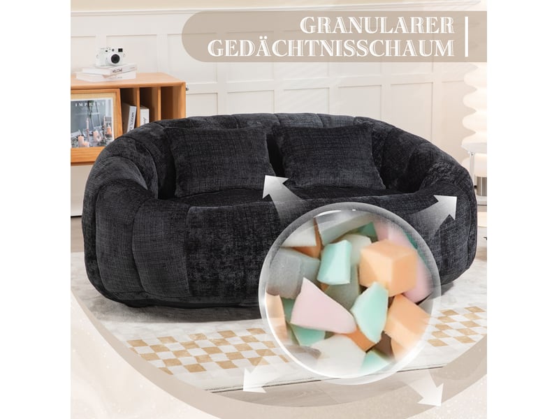  Canapé droit 2 places 144,93x95x62,99 cm, fauteuil poire confort, meuble de salon, chambre et bureau, chenille, noir  - Conforama E