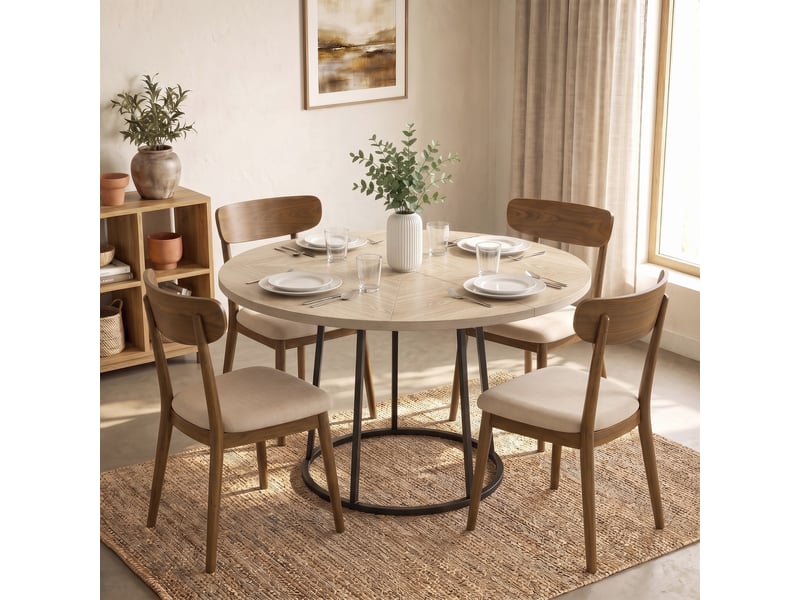  Table à manger ronde pour 4 à 6 personnes, ø 120 x 75 cm, table de cuisine avec piétement conique en métal, bois naturel  - Conforama C