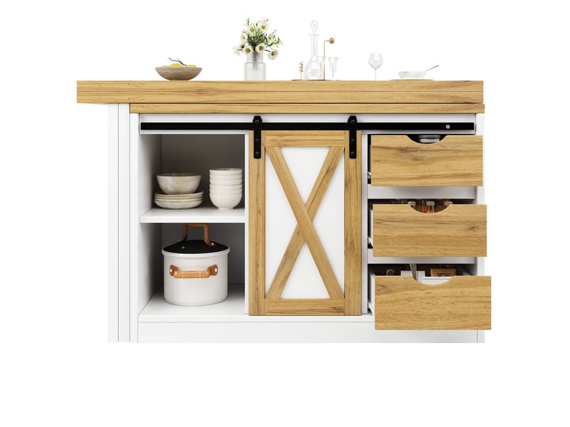  Buffet de cuisine 197 cm 197 cm rangement généreux bahut extension de table à positionnement libre design porte de grange tiroirs intégrés porte-bouteilles amovible et meuble multifonctionnel  - Conforama C