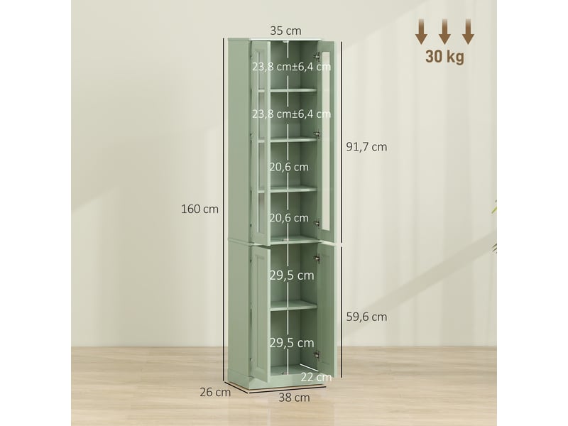  Meuble de salle de bain à 6 niveaux, unité de rangement avec 4 portes à fermeture amortie et étagères réglables, vert  - Conforama E
