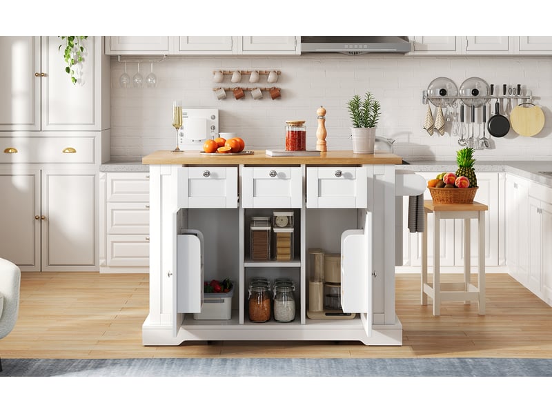  Îlot de cuisine en déstockage: plateau extensible, roulettes, tiroirs, prise électrique, meuble cuisine  - Conforama B