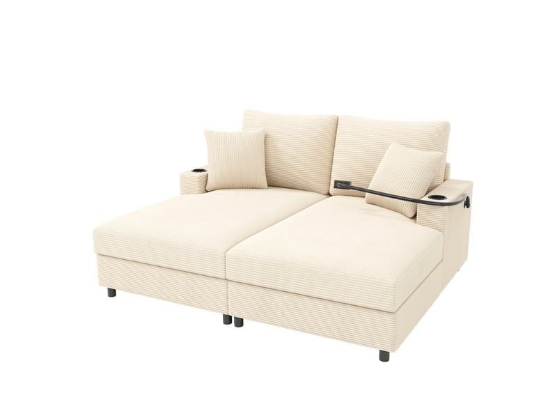  Canapé convertible 2 places en velours côtelé beige avec support téléphone, ports usb et usb-c  - Conforama A