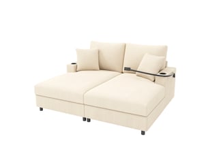Canapé convertible 2 places en velours côtelé beige avec support téléphone, ports usb et usb-c