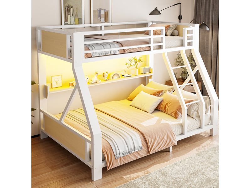  Lit superposé 90x200 et 140x200 cm avec éclairage led et rangement, blanc  - Conforama C