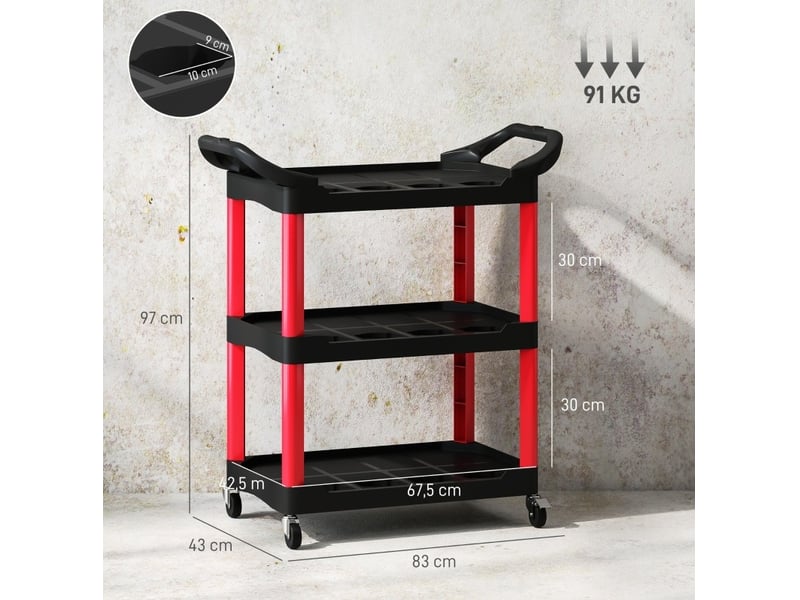  Chariot d'atelier 83 x 43 x 97 cm noir et rouge en plastique, 3 niveaux avec rangement, charge 91 kg  - Conforama C