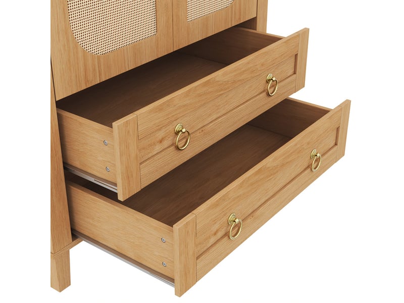  Armoire cintrée led pilotée par appli, porte rotin, penderie, 2 tiroirs, pb – 76×50×184 cm, naturel  - Conforama E