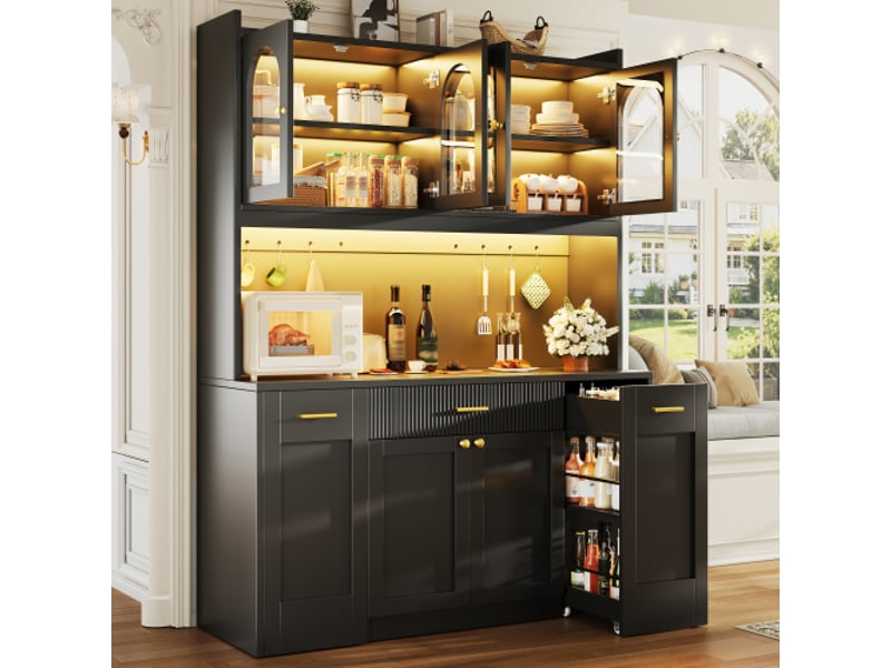  Meuble haut de cuisine 120 cm – led rgb via appli, 3 vitrines en verre, tiroirs, étagères double-face, blancnoir  - Conforama E