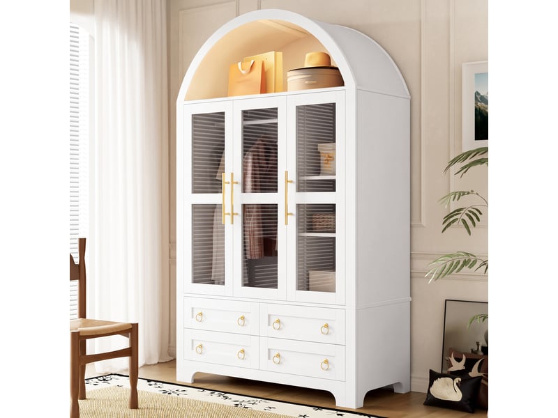 Armoire penderie 110x50x186cm, 3 portes vitrées, 4 tiroirs, tringle à vêtements, led pilotable par application, sommet cintré, poignées en alu, blanc - Conforama C